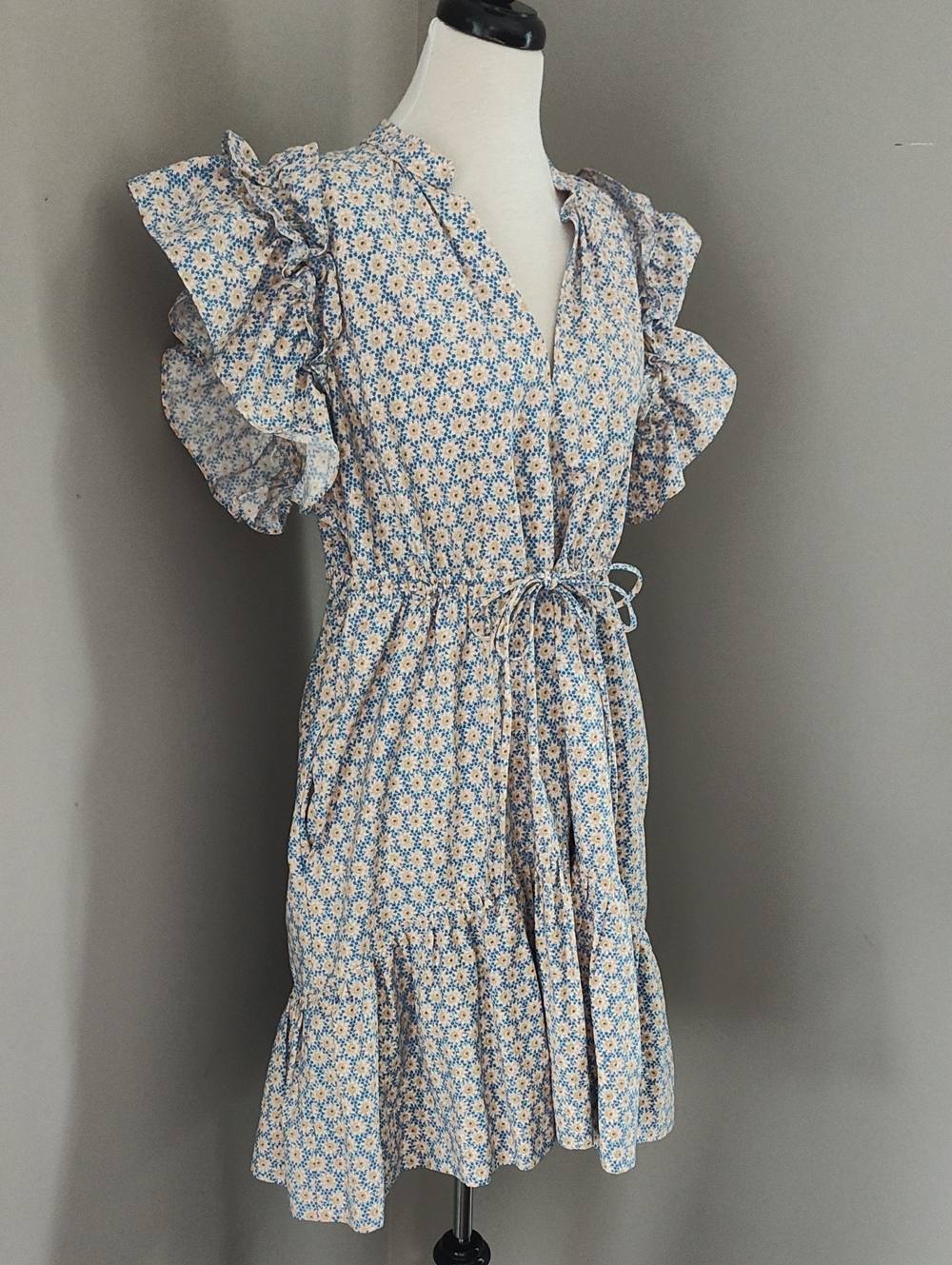 Tie-Waist Floral Midi Dress in Blue and Cream With Ruffled Sleeves